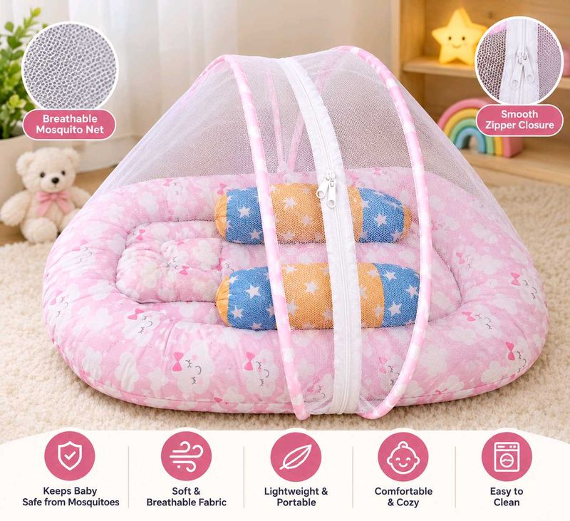 baby bed with mosquito net set and pillows