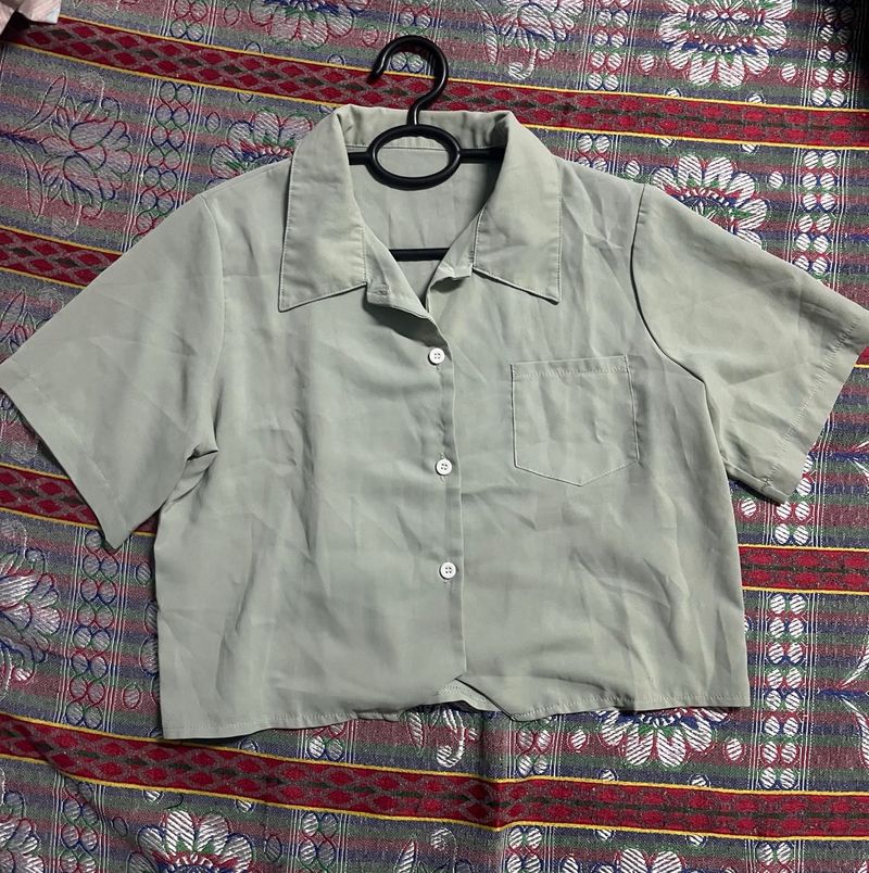 Light Green Button-Up Cropped Shirt