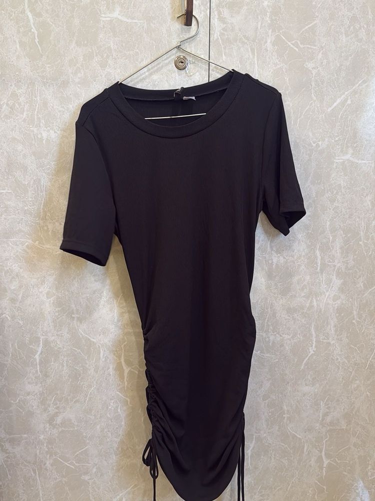 Black Ruched Drawstring Dress