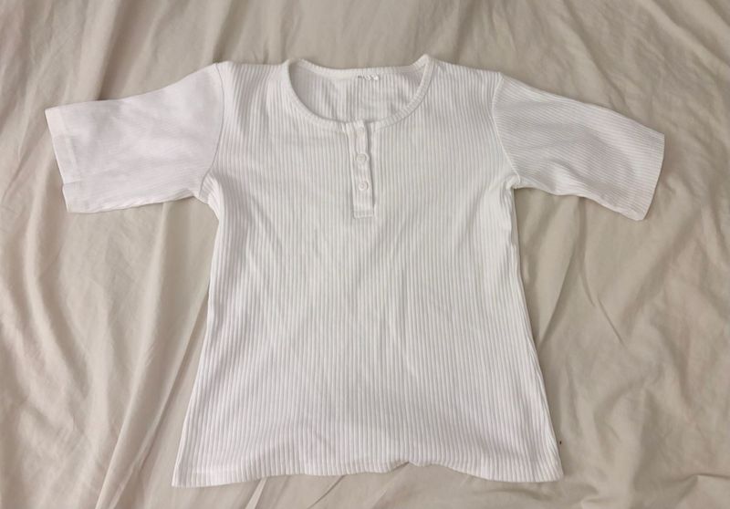 White Ribbed Henley Top