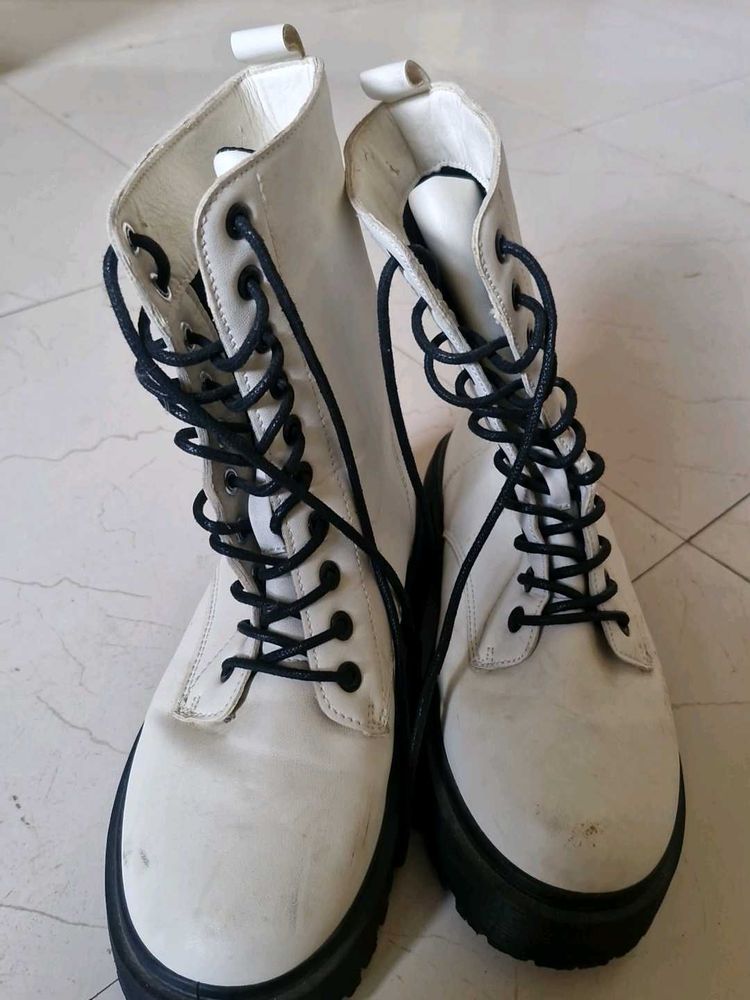 Chunky White Lace-Up Boots