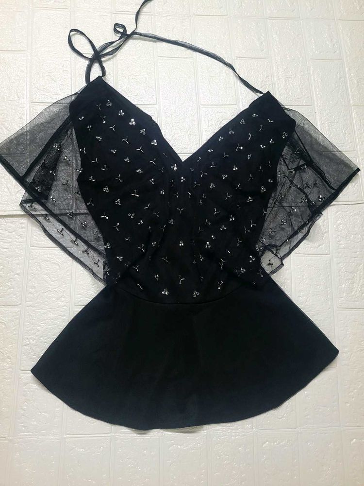 Chic Black Embellished Sheer Top