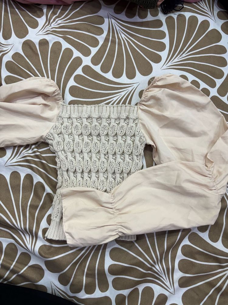 Chic Cream Knit Puff Sleeve Top