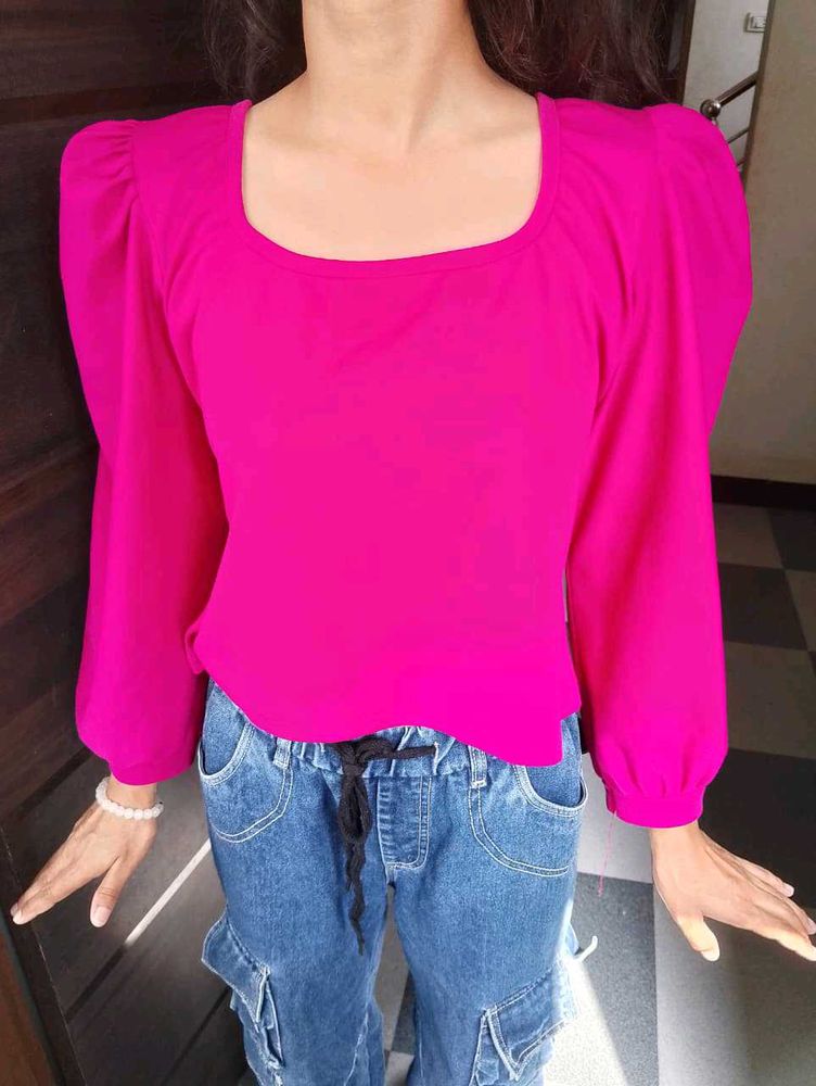 Hot Pink Square Neck Puff Sleeve Top