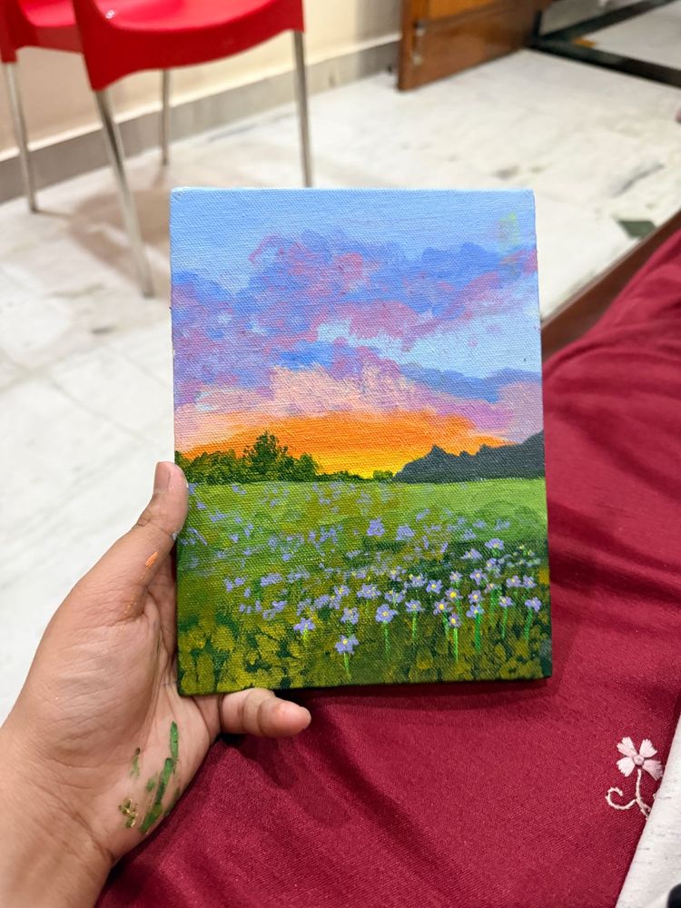 Handmade Sunset Field Canvas Painting