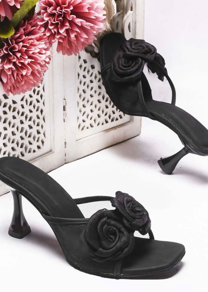 Elegant Black Rose Heel Sandals