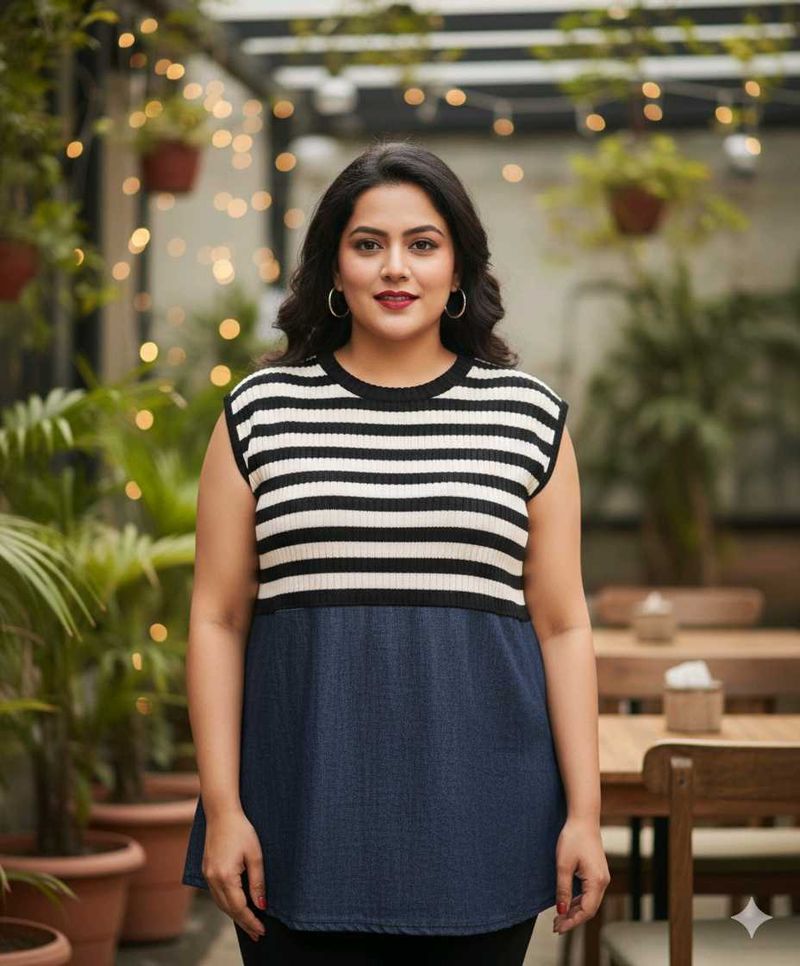 Denim Dress With Black And White Stripes