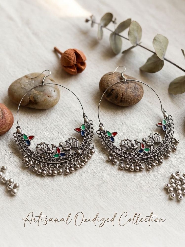 Oxidized Silver Peacock Hoop Earrings
