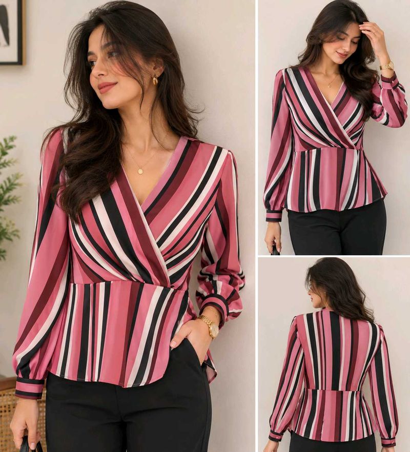 3 Chic Striped Wrap Peplum Top