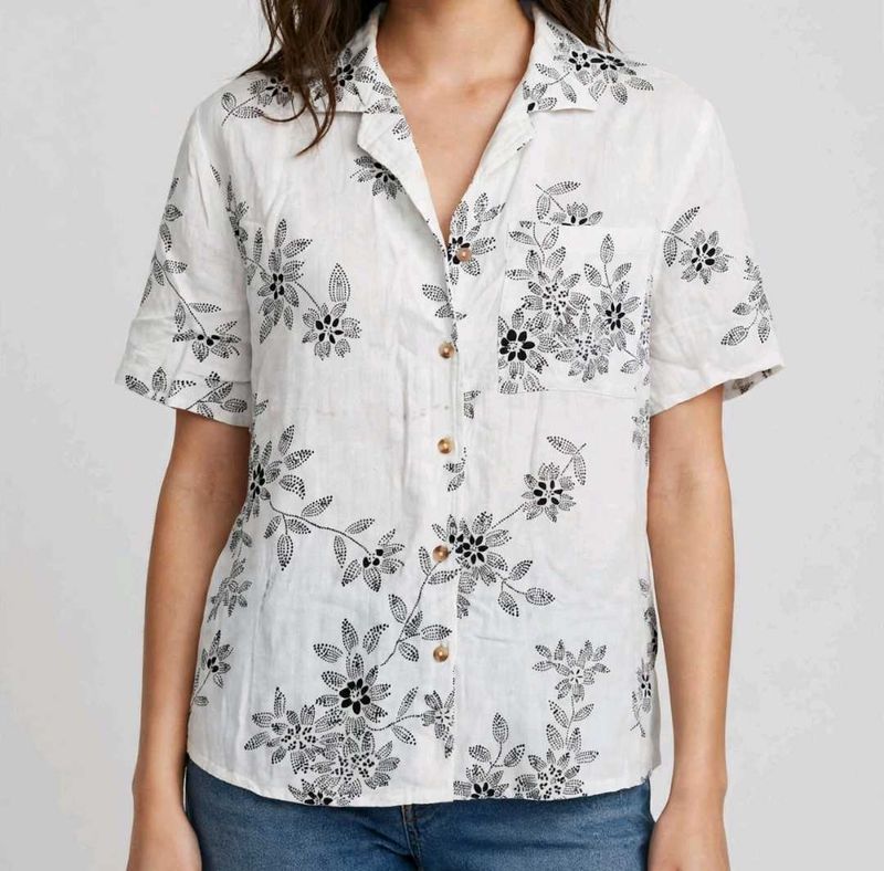 White Floral Print Button-Up Shirt