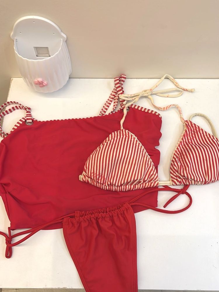 Red Striped Bikini 3 piece Set