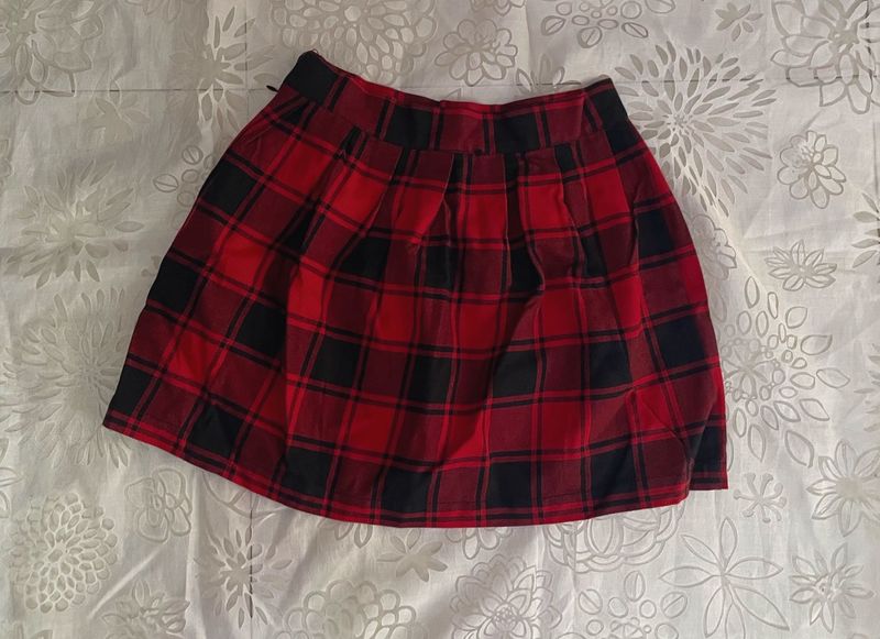 Red-Black Plaid Pleated Mini Skirt