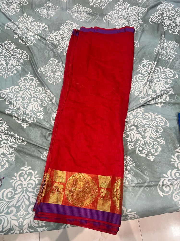 Elegant Red Saree with Golden Border