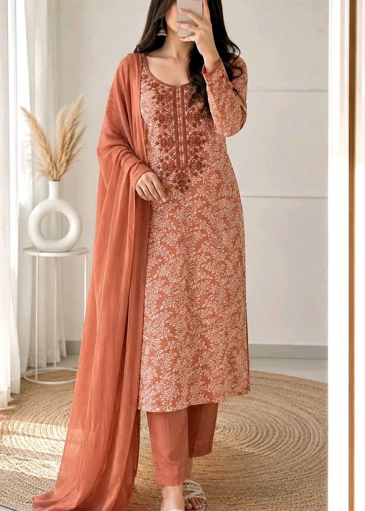 Elegant Brown Printed dress material with Dupatta