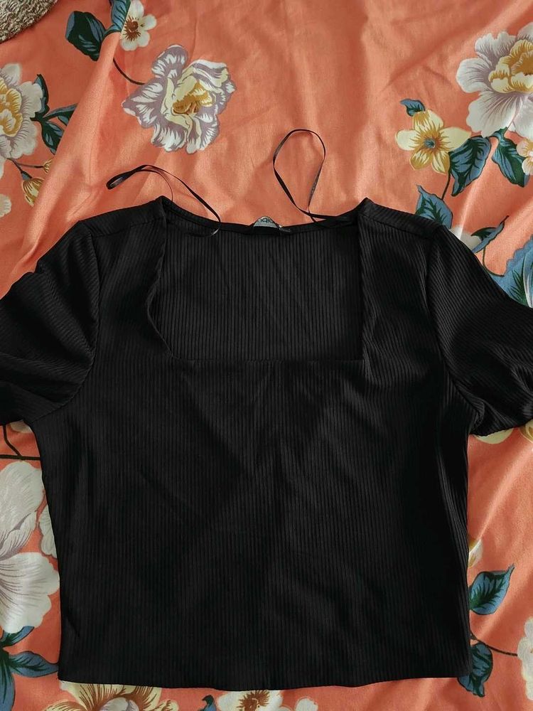 Ribbed Black Square Neck Top