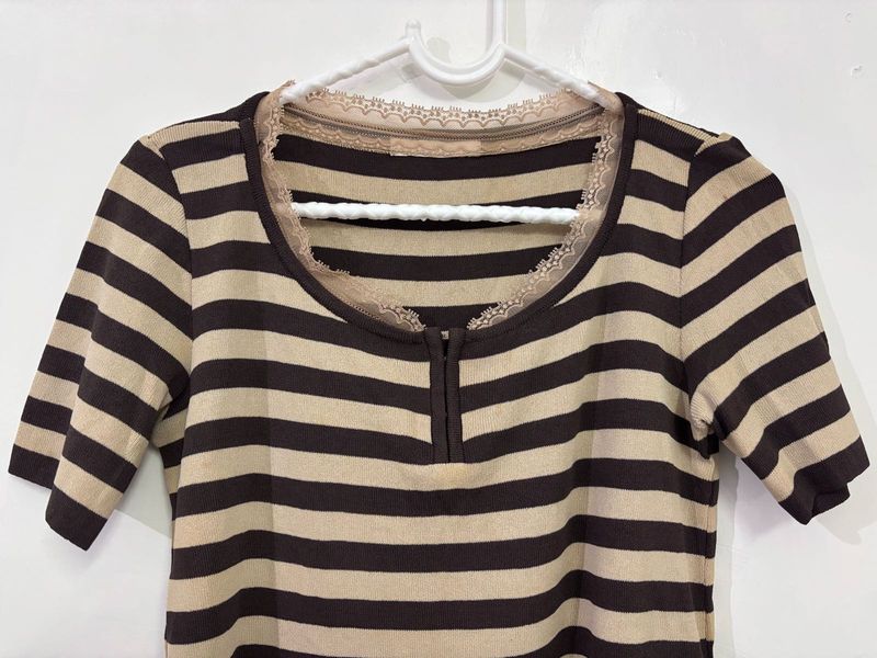 Brown Lace-neck Henley Top