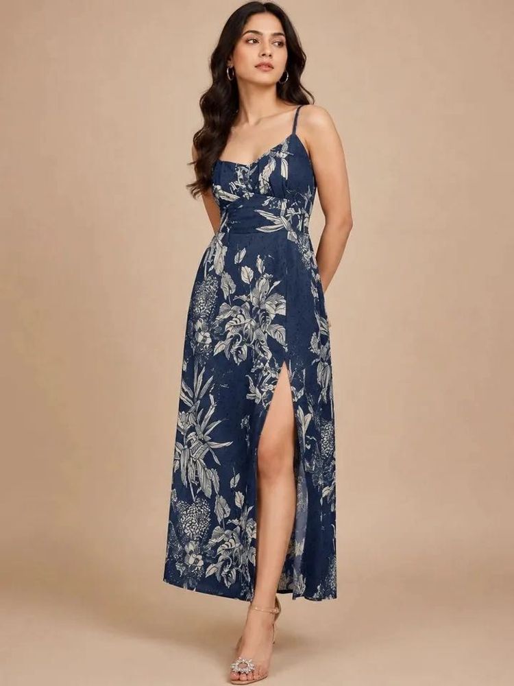 Floral Print Maxi Dress with High Slit