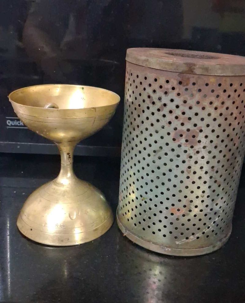 Vintage Brass Diya and Metal Holder Set