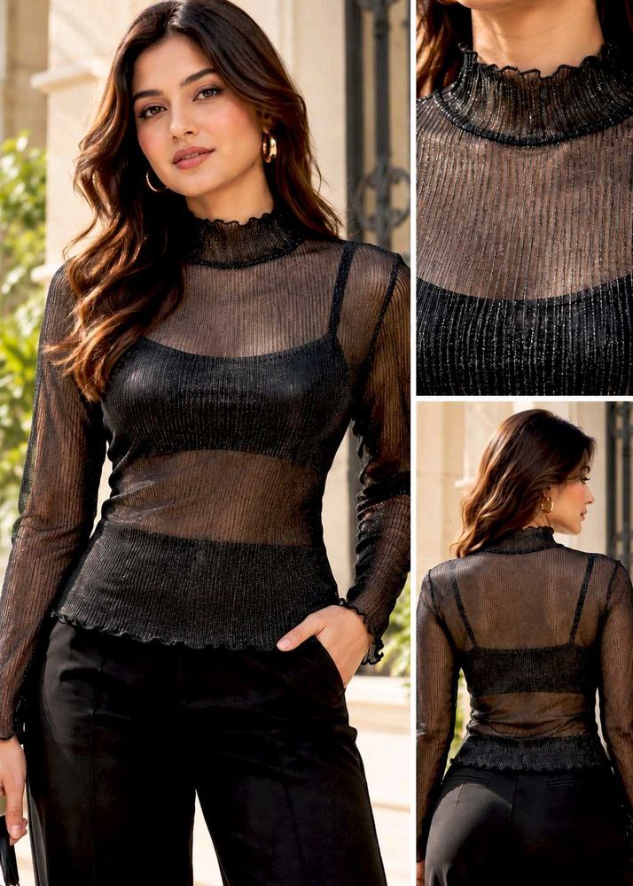 Sparkly Sheer Mock Neck Long Sleeve Top