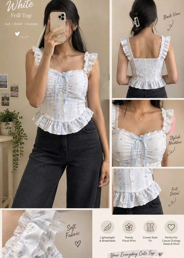 White Frill Floral Crop Top