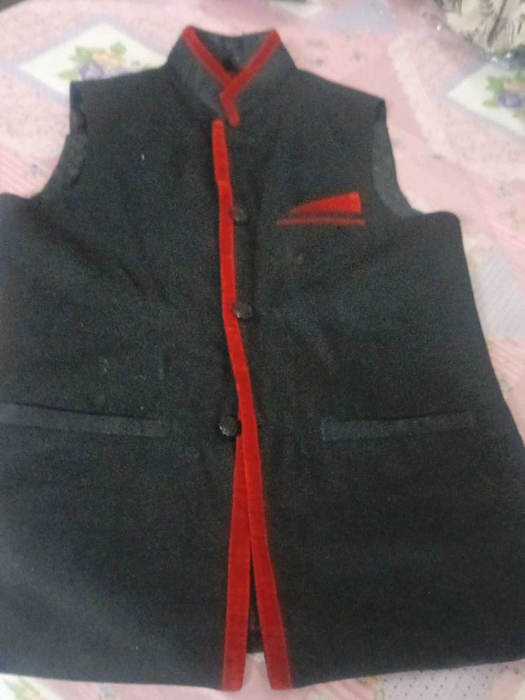 Men's Black Nehru Jacket with Red Trim