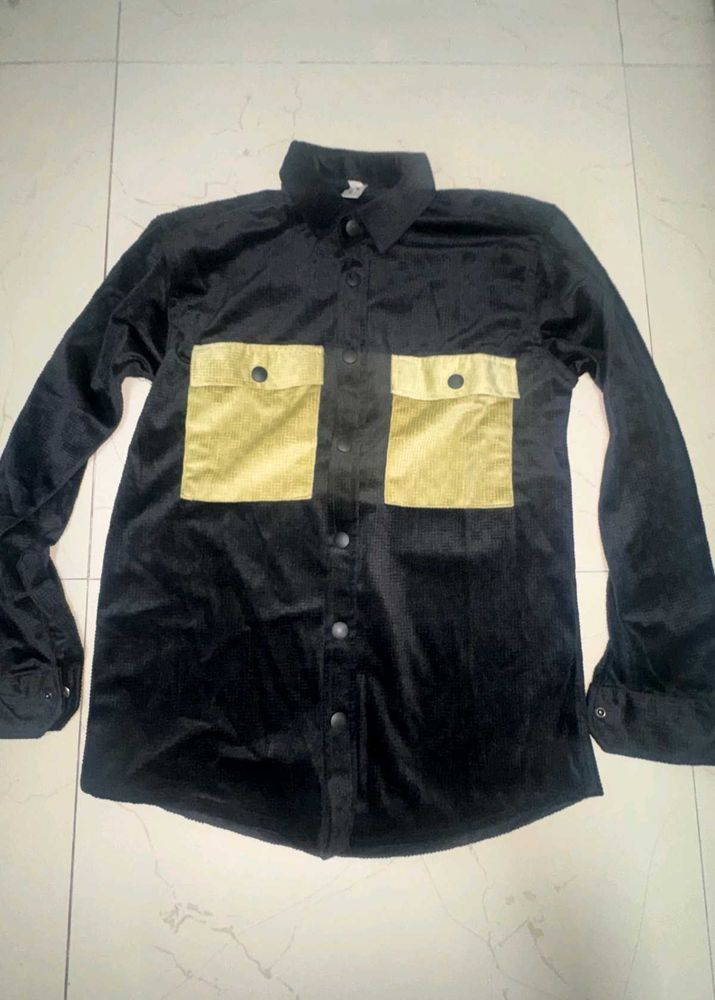 Black Corduroy Shirt with Gold Pockets