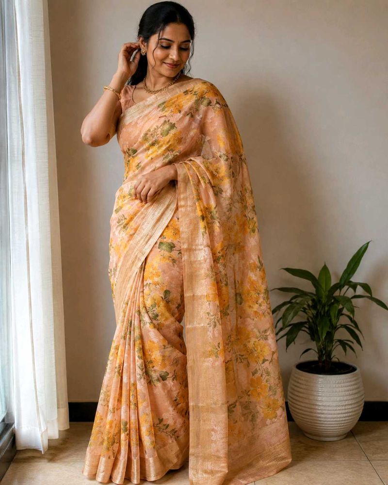 Floral Print Peach Saree