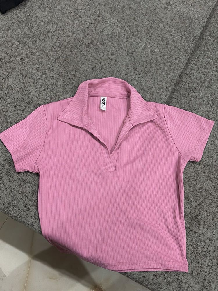 Pink Ribbed Polo Neck Top