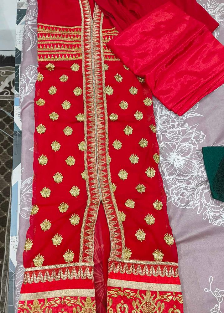 unstitched Red Embroidered Kurta Set