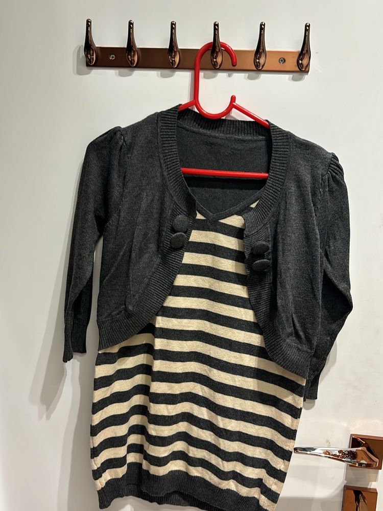 Striped Dress with Gray Cropped Cardigan