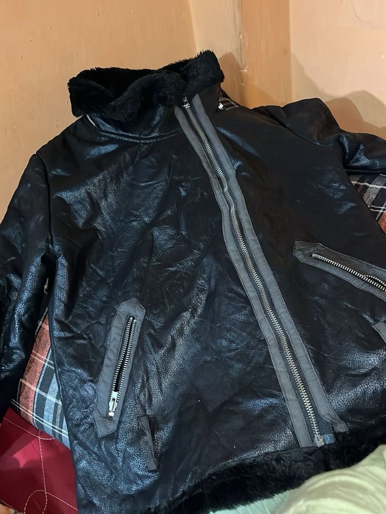Men's Black Faux Leather Aviator Jacket