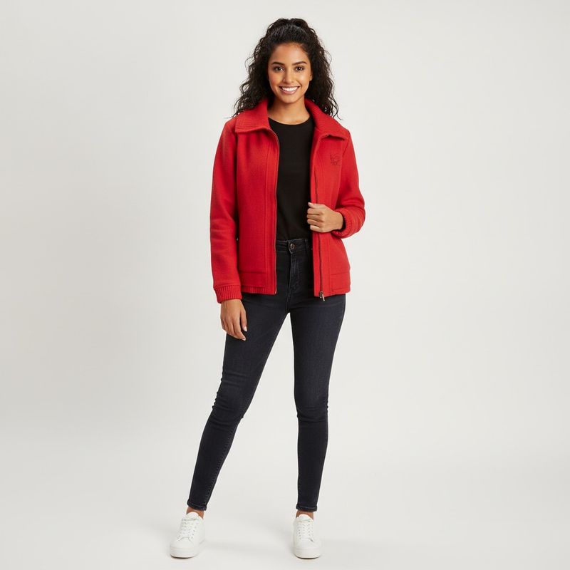 Red Zip-Up Bomber Style Jacket