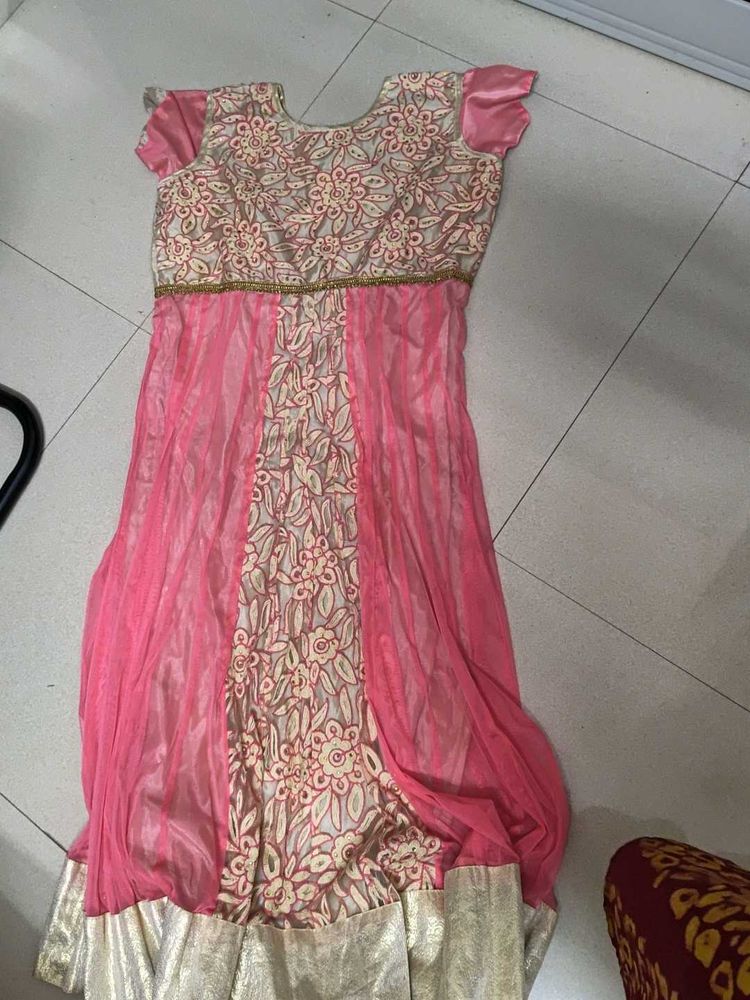 Elegant Pink &amp; Gold Embroidered Gown