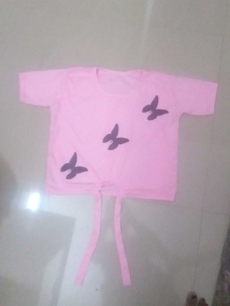Pink Butterfly Tie-Front T-Shirt