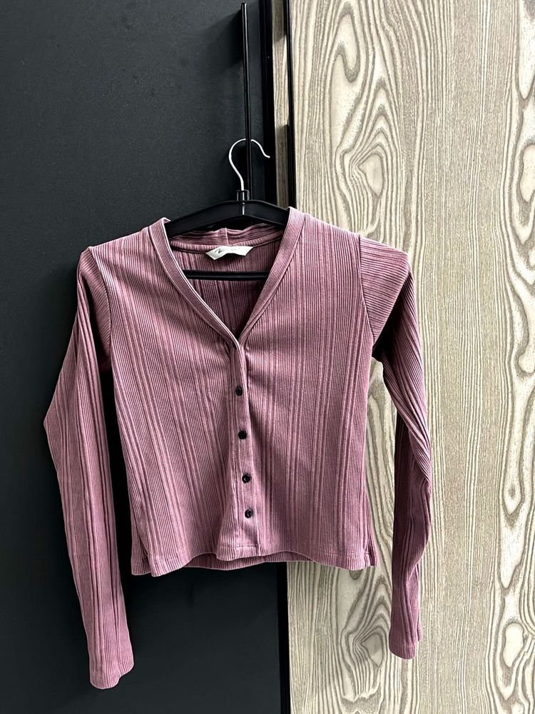 Pink Ribbed Knit Button-Down Top