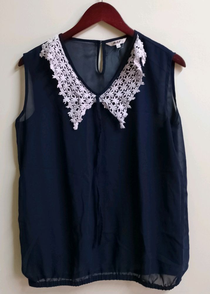 Navy Lace Collar Sleeveless Top