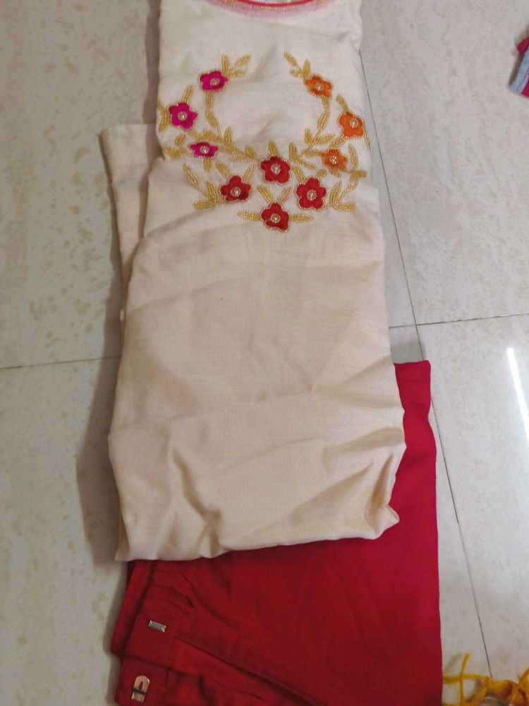 Embroidered Cream Kurta With Red Pants