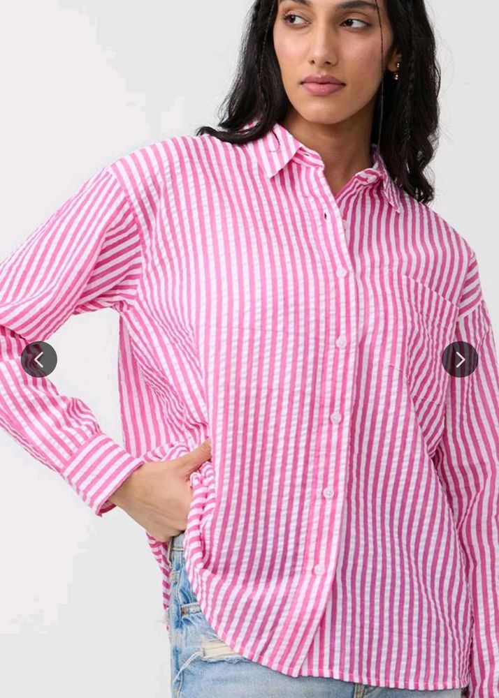 Pink and blue Striped Seersucker Button-Up Shirt