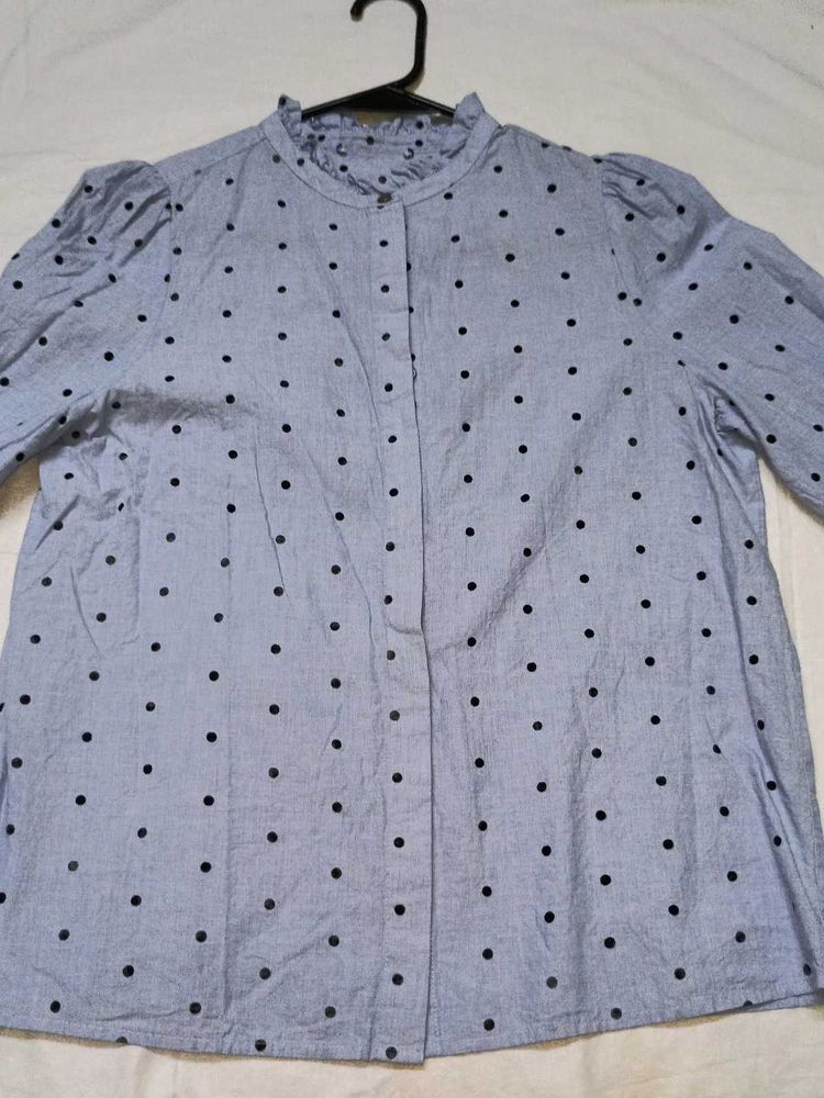 Blue Polka Dot Button-Up Blouse