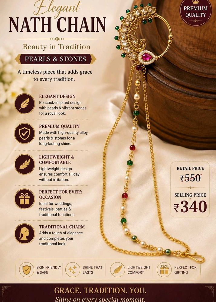 Traditional Peacock Nath Chain with Pearls &amp; Stone