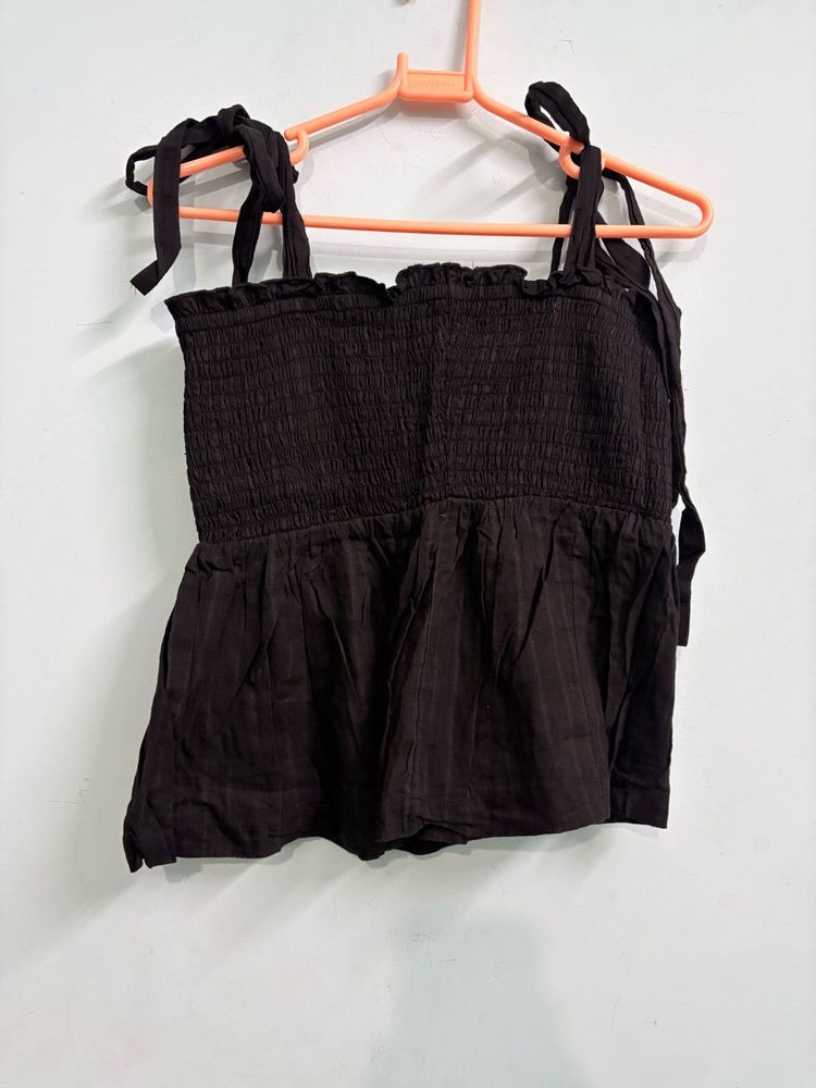 Black Smocked Tie-Strap Top