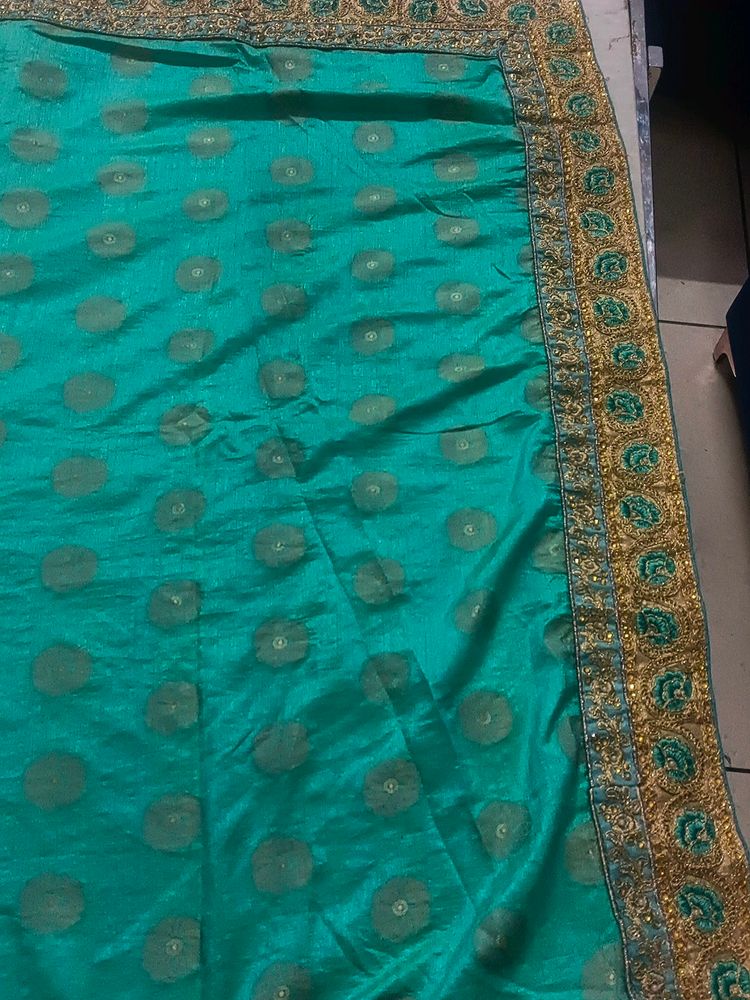 Elegant Teal &amp; Gold Embroidered Saree