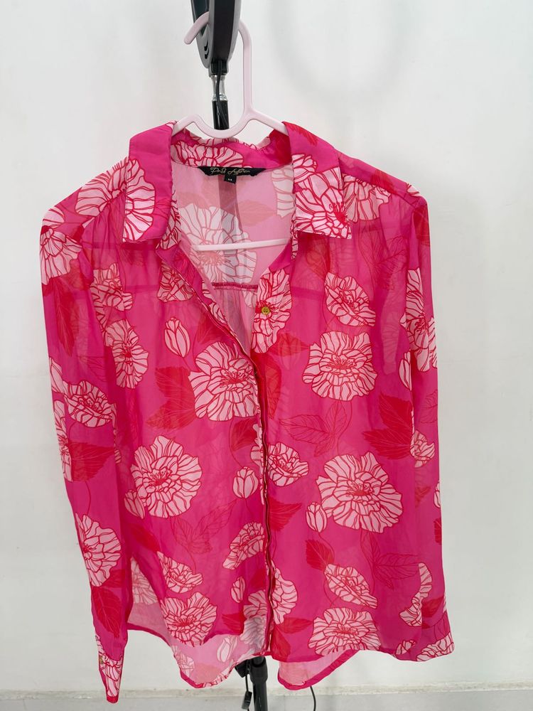 Chic Pink Floral Print Sheer Blouse