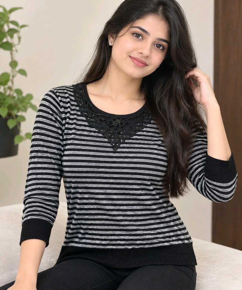 Striped Long Sleeve Top with Lace Neckline