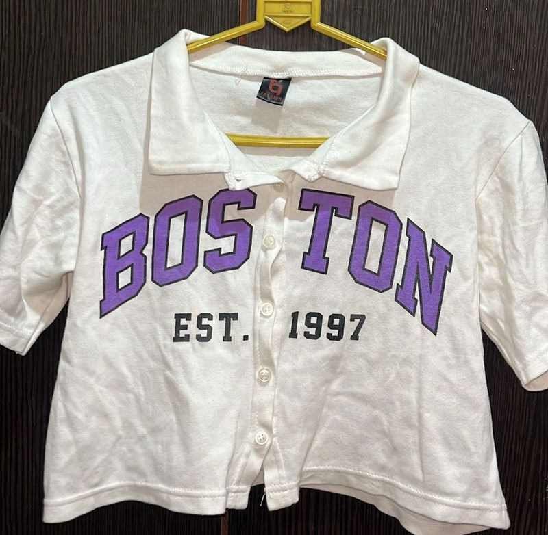 White Boston Est. 1997 Cropped Polo Shirt