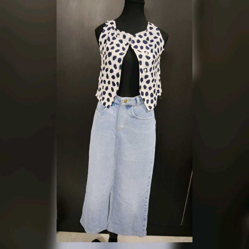 Denim Maxi Skirt with Polka Dot Top
