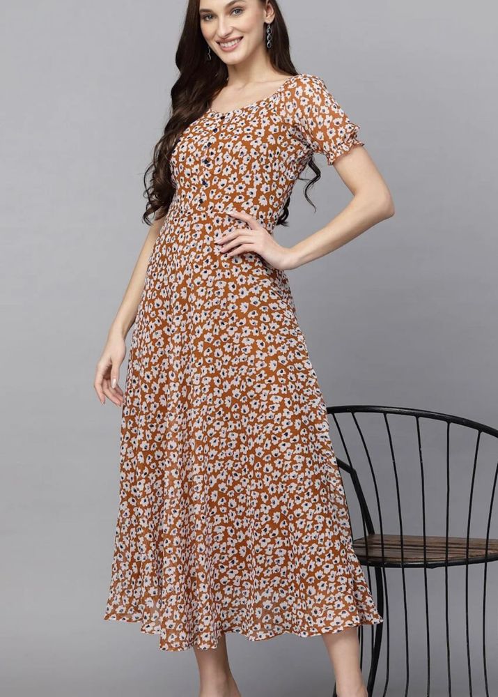 Woman Brown Floral Midi Dress