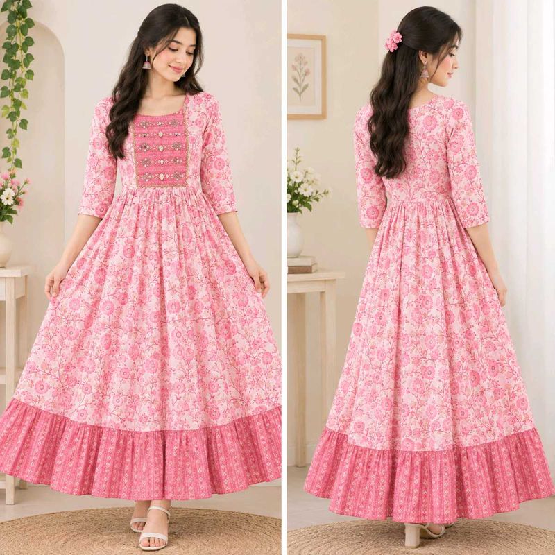 Beautiful Pink Floral long anarkali Kurta   ( us 2