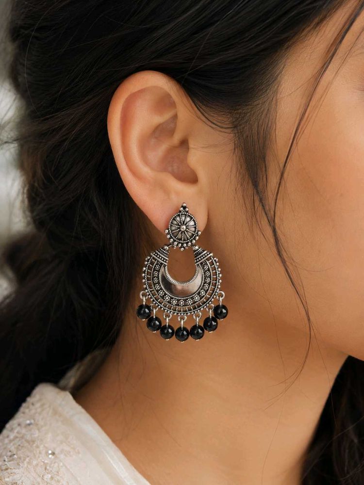 Oxidized Silver Earrings with Black Bead