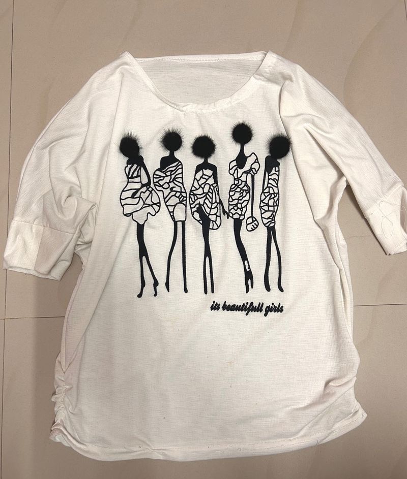 White Top with Black Pom-Pom Graphi